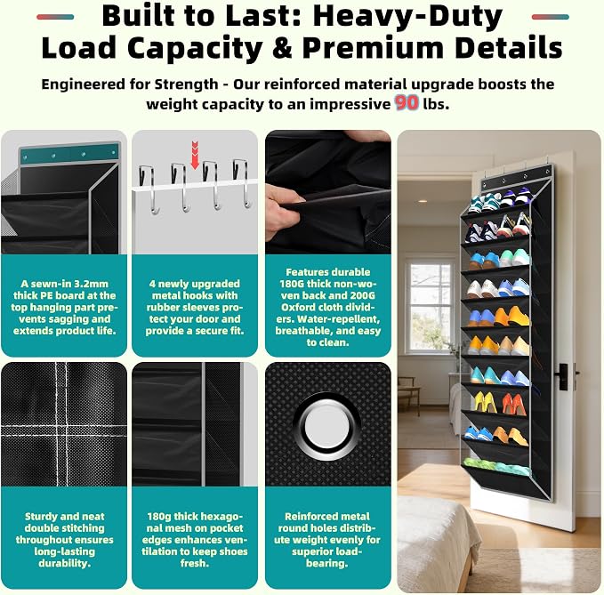 PAULONE 10-Pocket Multi-Use Over the Door Organizer, Heavy Duty 95lbs Capacity with Breathable Mesh, Versatile Hanging Storage for Shoes, Toys, Office Supplies-Classic (Black, 10-Shelf,)