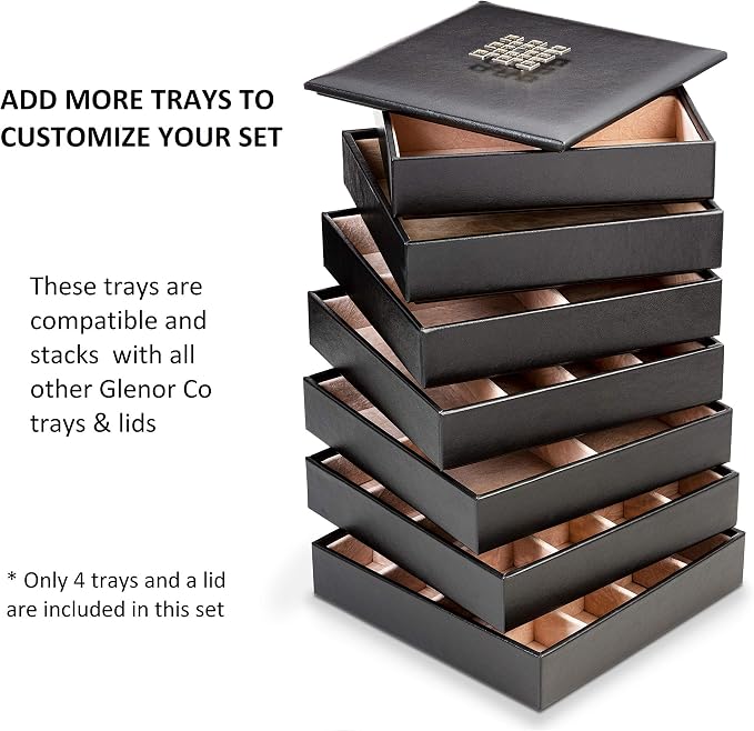 Glenor Co Earring Organizer Tray - 4 Stackable Trays with Lid -45 Slot Classic Jewelry Storage Display Case for Drawer or Dresser - Holder for Earring Ring Necklace or Cufflinks - Large Mirror - Black