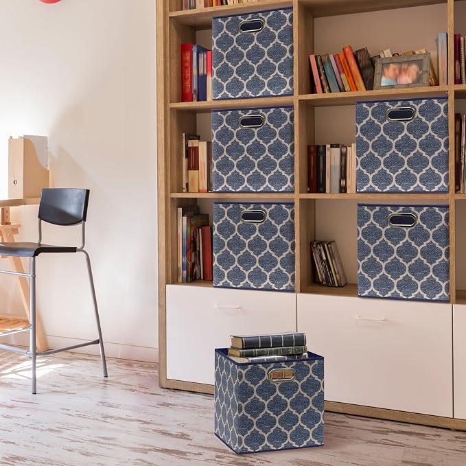 Simple Houseware 11-Inch Collapsible Fabric Cube Storage Bin with Handles, Printed Design, 6 Pack, Steel Blue