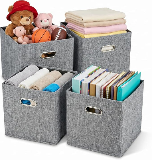 12x12 Gray Fabric Storage Cubes, 4 Pack – Foldable Linen-Look Cube Organizer Bins with Handles, Collapsible Cubby Baskets for Closet, Shelves, Nursery, Dorm Room & Kallax-Style Storage