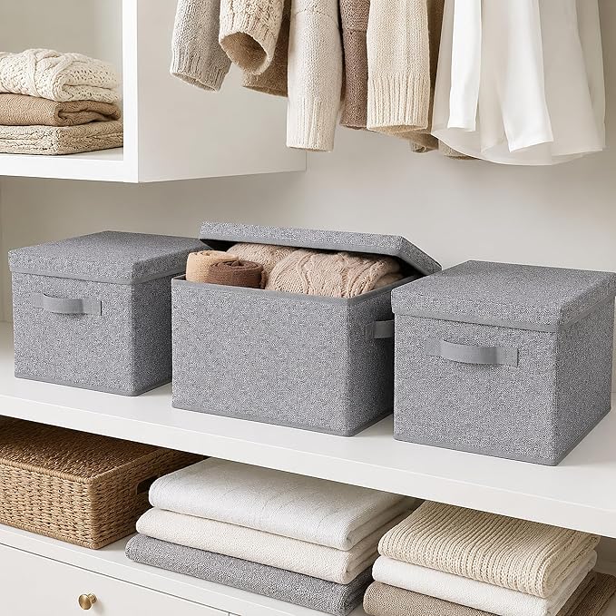 WUIKE Foldable Storage Bins with Lids, Storage Boxes with Handles, Closet Shelf Organizer, Fabric Storage Baskets for Bedroom, Decorative Storage Containers, Large, Ash Gray, 3-Pack