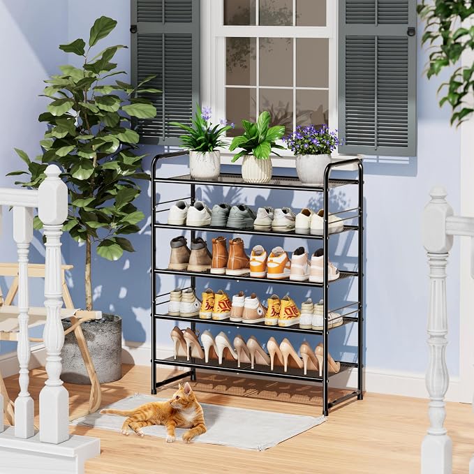 SUFAUY 5-Tier Mesh Shoe Rack, Closet Metal 33" Wide Shoe Shelf Heavy Duty, Black