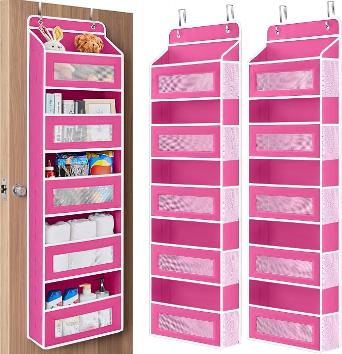 JARLINK 2 Pack Over The Door Organizer Storage, 5 Shelf Hanging Door Organizer with 5 Large Capacity Pockets, Anti Tilt 44 lb Load Behind Door Storage for Bedroom, Bathroom, Pantry, Nursery, (Pink)