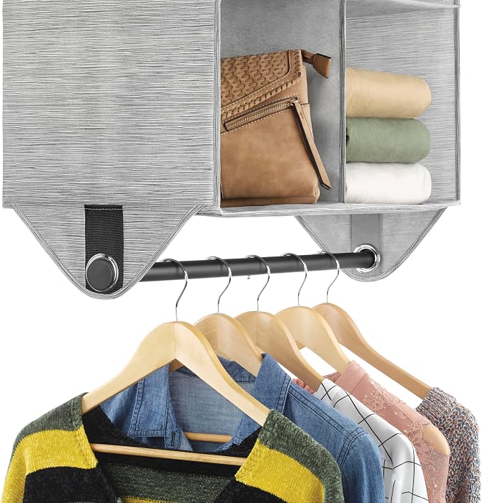 Whitmor Hanging Closet Organizer - 4 Section Closet Organizer with Garment Rod - Space-Dyed Grey