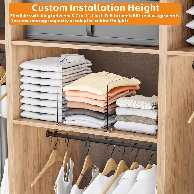 Yieach Adjustable Height Clear Shelf Dividers,4 Pack Acrylic Closet Shelf Dividers for Organization,11.1 Inch Tall Vertical Plastic Shelf Separators for Towel,Sweater,Towel Organizers and Bookshelf