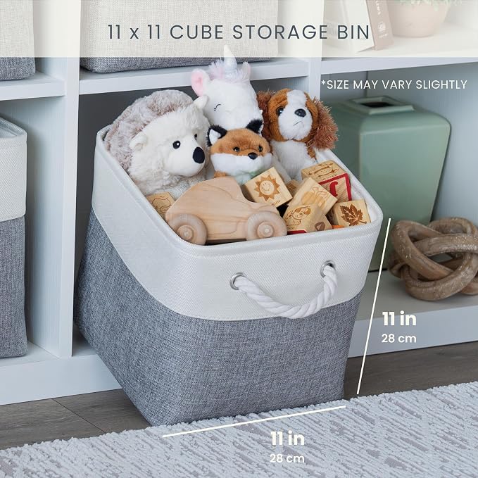 OrganiHaus 11x11 Cube Storage Bins 4 Pack, Foldable Cube Storage Organizer w/ Rope Handles, Collapsible Fabric Bins for Toys, Clothes & Closet Organization, Fabric Square Baskets - Beige/White