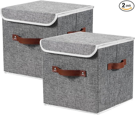 2PCS Storage Cubes with Lid Fabric Storage Bins Boxes PU Leather Handles Cotton Linen Closet Organizer Container Decorative Foldable Washable Shelf Cloth Basket (Flip-top Lid, Gray, 11in)