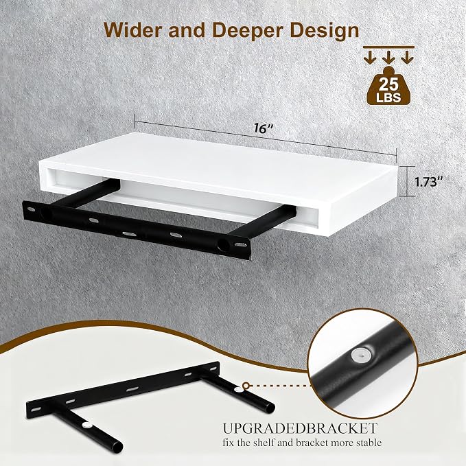 Floating Shelves for Wall(Set of 2)-16 Inch White Wood Wall Shelf with Invisible Brackets for Bathroom,Bedroom,Drawingroom,Kitchen for Decor(White 2pcs)