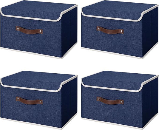 ANMINY 4PCS Storage Bins with Lid PU Leather Handles Storage Boxes PP Plastic Board Decorative Foldable Lidded Cotton Linen Fabric Home Cubes Baskets Closet Organizer Containers - Blue, Large Size