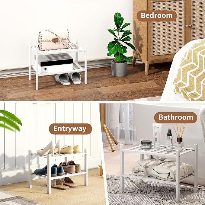 Bamboo Shoe Rack Stackable Shoe Shelf Storage Organizer for Unit Entryway Hallway and Closet Sturdy Freestanding Small Shoe Shelf(2S Tier White)