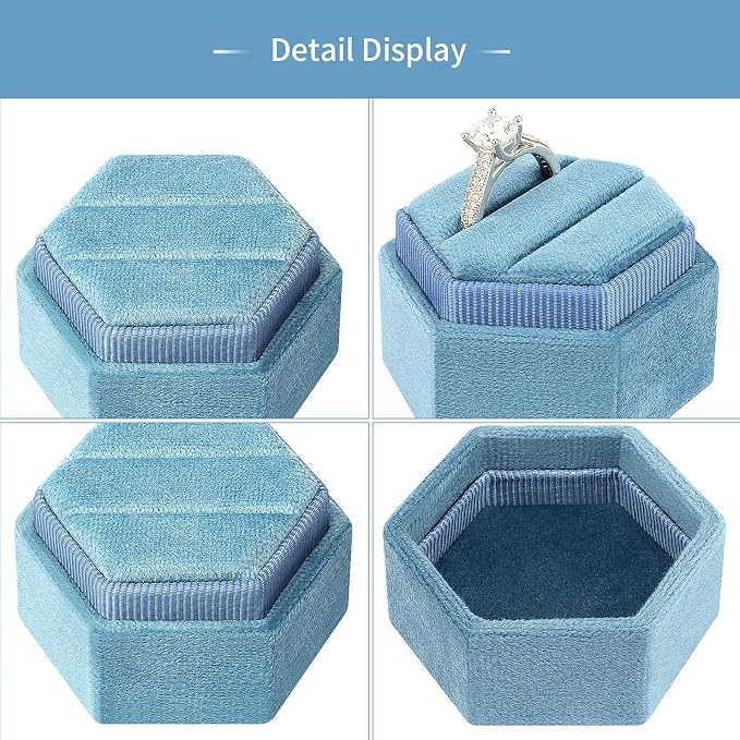 DesignSter Hexagon Velvet Ring Bearer Box - Premium Gorgeous Vintage Double Ring Display Holder with Detachable Lid for Proposal, Engagement, Wedding, Ceremony (Dark Blue)