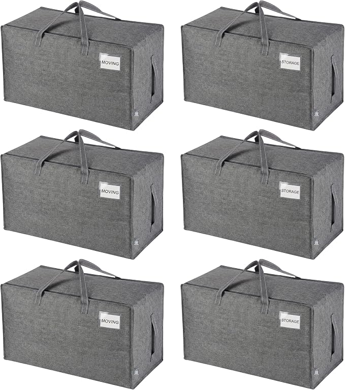 VENO 6 Pack Extra Large Heavy Duty Moving Bags with Wide Opening & Reinforced Handles, Reusable Storage Tote Bags with Strong Zippers for Clothes, College Dorm Essentials & Moving Supplies