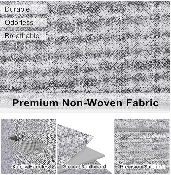 WUIKE Foldable Storage Bins with Lids, Storage Boxes with Handles, Closet Shelf Organizer, Fabric Storage Baskets for Bedroom, Decorative Storage Containers, Large, Ash Gray, 3-Pack