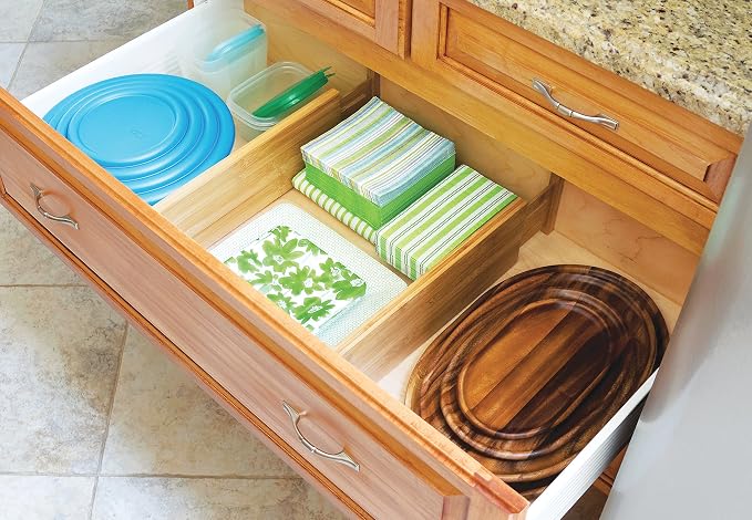 Lipper International 8897 Bamboo Wood Custom Fit Adjustable Deep Kitchen Drawer Dividers, Set of 2