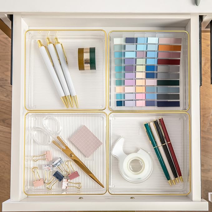Martha Stewart Kerry Plastic Stackable Office Desk Drawer Organizers, 6" x 6", 4 Pack, with Gold Trim