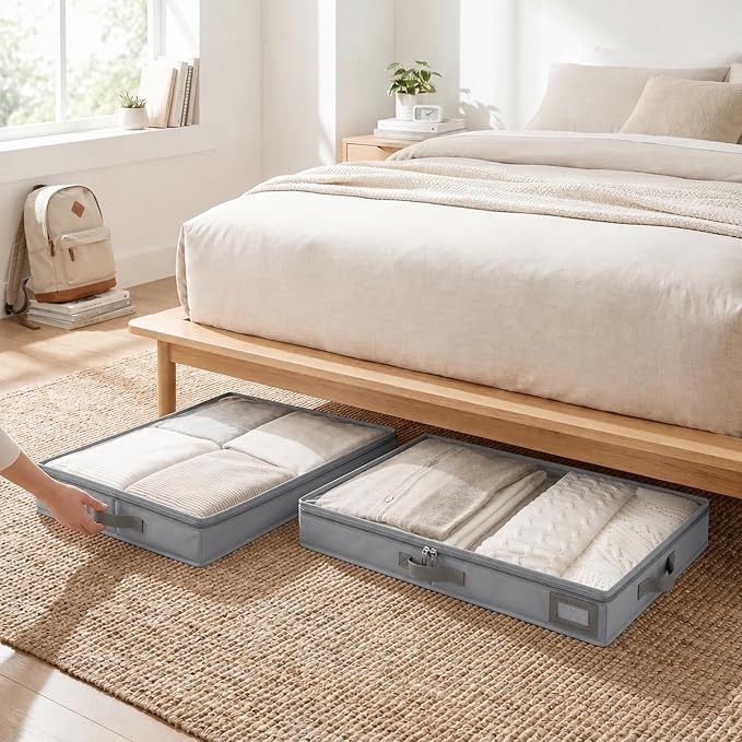 4" Low Profile Under Bed Storage Bins (3-Pack, Grey), Slim 600D Oxford Fabric Clothes Organizer Box with Reinforced Leather Handles, Sturdy Clear Lid