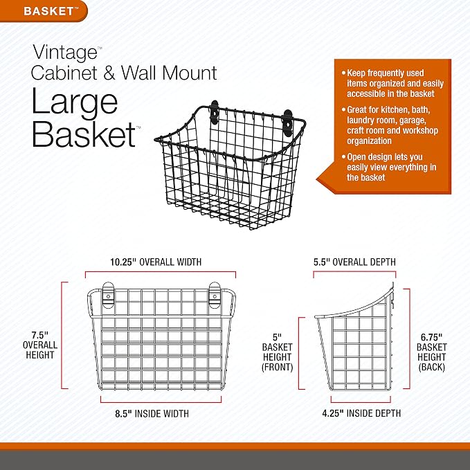 Spectrum Large Wall Mounted Wire Basket Industrial Gray Kitchen Wall Mount Organizer Storage Basket, Wire Basket for Kitchen Bathroom Pantry Organization, Wall Hanging Wire Caddy for Modern Homes