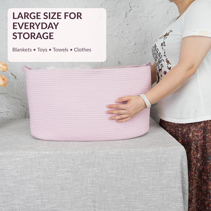 XUANGUO Large Rectangle Blankets Baskets 22"x17"x12" Toy Basket for Kids Woven Cotton Rope Storage Basket for Nursery - Laundry Baskets for Clothes Towels - Ideal for Living Room Storage pink