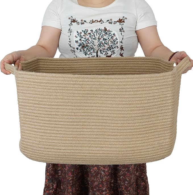 XUANGUO Large Rectangle Blankets Basket Living Room 22"x17"x12" Woven Jute Rope Storage Baskets for Nursery Toy Baskets for Kids and Dogs Wicker Laundry Basket Bin for Clothes Towels