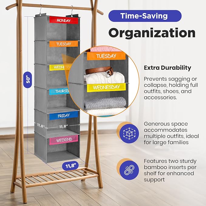 Handy Laundry Hanging Clothes Organizer for Kids - 6-Shelf Closet Daily Clothing Organization Labeled Shelves with Days of The Week Monday Through Friday, Weekday and Weekend (Grey-Colored)
