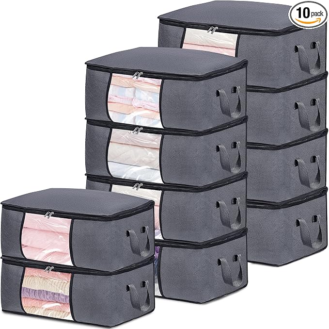 BiCINE 10 Pack Clothes Storage Bags with Zipper, 45L Foldable Blanket Storage Box with Clear Window Sturdy Handles for Closet, Dorm, Pillows, Bedding, Sheet, Comforter, Gray