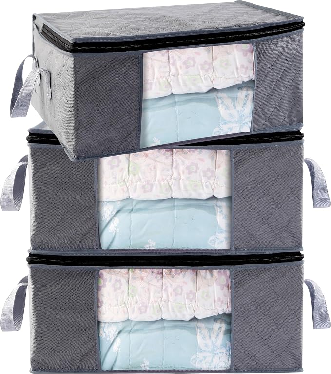 Storage Clothes Bins Closet Bags - 35L Containers Organizer Boxes Clothing Bin Organization for Organizing Blanket Pillow Sheet Sweater, Foldable Bedroom Small Storage Totes With Lids Zipper, 3pc Pack