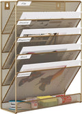 EasyPAG 5 Tier Wall File Holder, Mesh Hanging Folder Organizer with Classify Label, Versatile Desk File Holder, Vertical Wall Mounted Mail Organizer for Office Home Cubicle, Gold