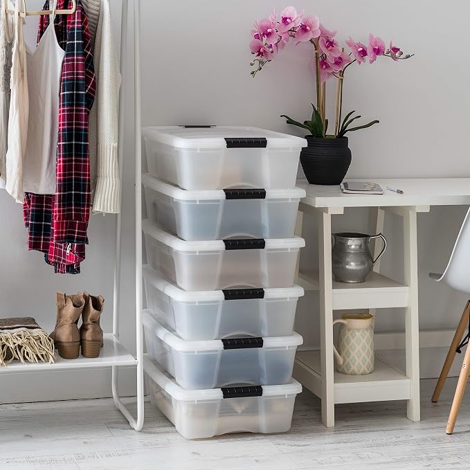 IRIS USA 27 Qt Stackable Plastic Storage Bins with Lids, 6 Pack - BPA-Free, Made in USA - Discreet Organizing Solution, Latches, Durable Nestable Containers, Secure Pull Handle - Pearl