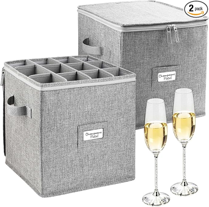LotFancy Champagne Flute Storage Container for Moving, Hard Shell, 2 Pack Stackable 12" Tall Stemware Storage Box with Dividers & Handles, Wine Glass, Crystal Glassware, Drinkware Case, Gray