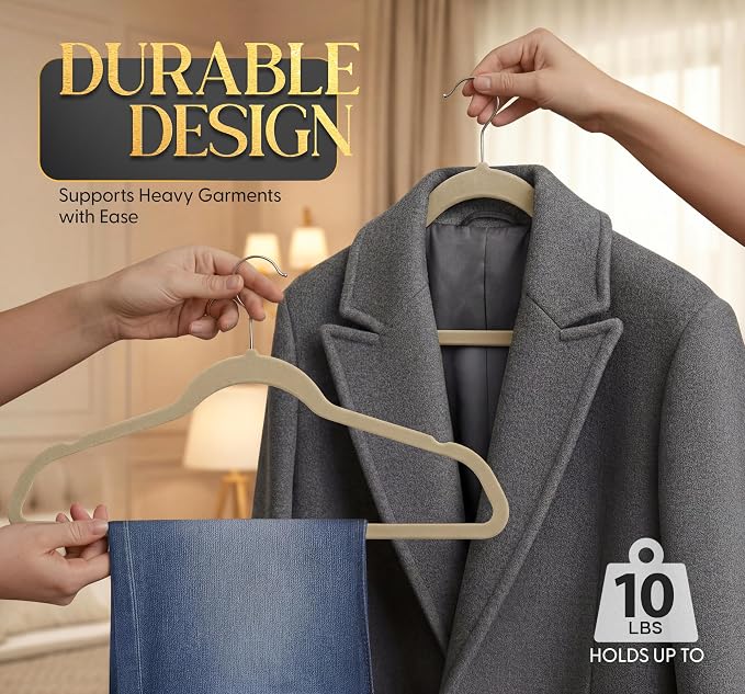 Beddora Velvet Hangers 50-Pack,Beige Non-Slip Slim Space-Saving Closet Organizer, Suit & Coat Hangers, Heavy-Duty, 360° Swivel Hook