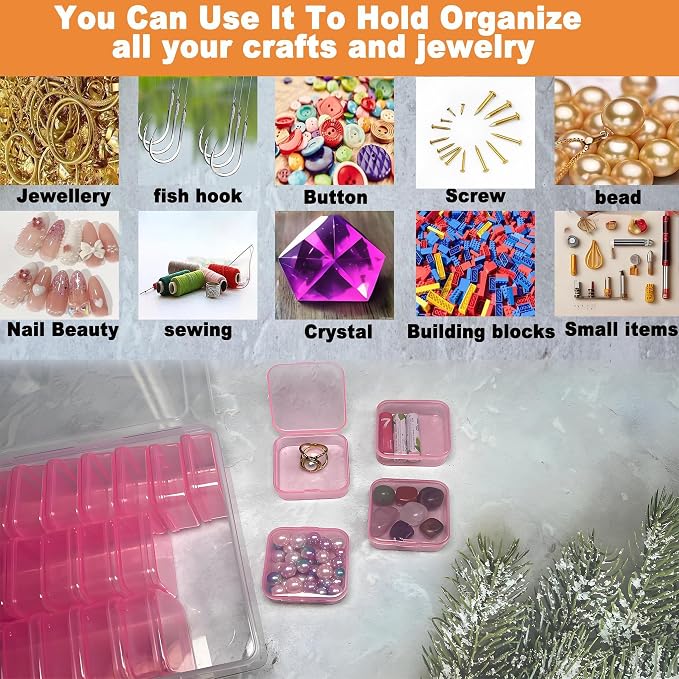 Small Clear Plastic Bead Storage Containers-Pink Plastic Box-30Pcs Craft Storage Box with Hinged Lid, 1sheet Labels, Mini Boxs for Jewelry Making, Diamond Art, Crafts, Small Parts