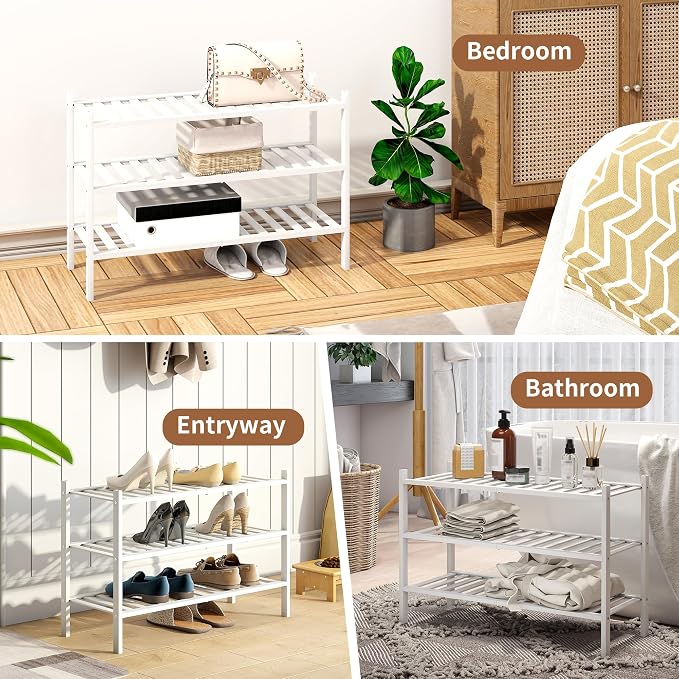 Bamboo Shoe Rack Stackable Shoe Shelf Storage Organizer for Unit Entryway Hallway and Closet Sturdy Freestanding Shoe Shelf(3 Tier White)