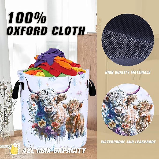 Highland Cow Laundry Basket Cattle Animal Foldable Oxford Cloth Funny Tote Bag Laundry Hamper Clothes Storage Bucket Organizer For Bathroom/Laundry Storage/Bedroom 18.9x16.5 Inch