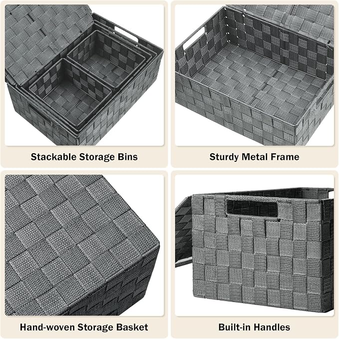 Storage Bins with Lids, Woven Storage Box Organizer Containers Decorative Baskets Cube for Clothes Bedroom Closet Office (5 Pack, Grey)