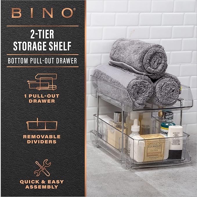 BINO 2 Tier Clear Storage Organizer with Dividers | Bottom Slide Out Drawer for Under Sink, Medicine Cabinet | Bathroom Closet, Vanity, Pantry Organizer | Under Cabinet Storage for Bathroom & Kitchen