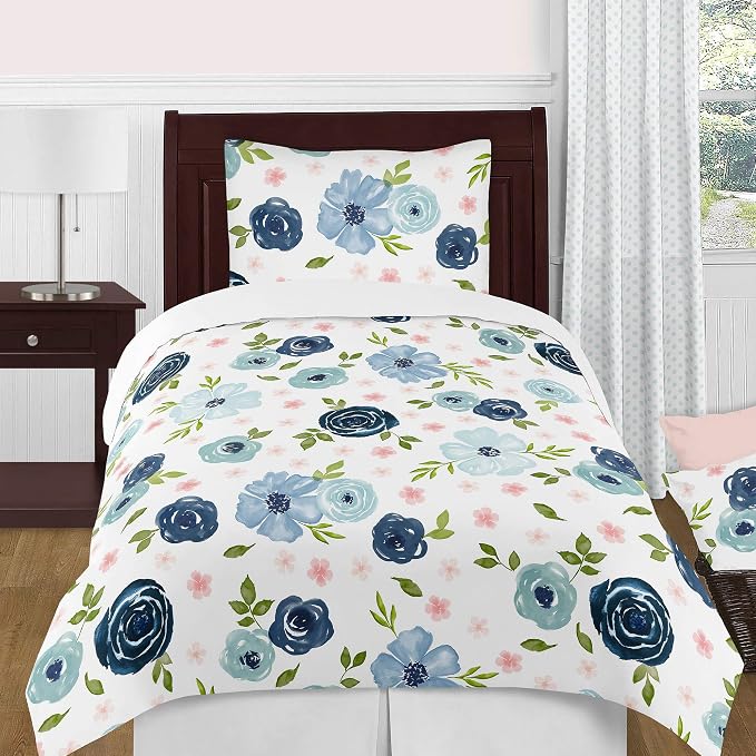 Sweet Jojo Designs Navy Blue Watercolor Floral Girl Small Fabric Toy Bin Storage Box Chest For Baby Nursery or Kids Room - Blush Pink, Green and White Shabby Chic Rose Flower