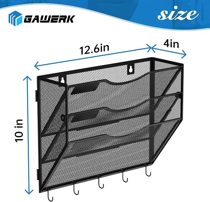 Gawerk Hanging Wall File Organizer with 5 Hooks - Wall Mounted Mail Paper Document Folder Holder, Sturdy Mesh Magazine Rack for Office Home (3 Tier)