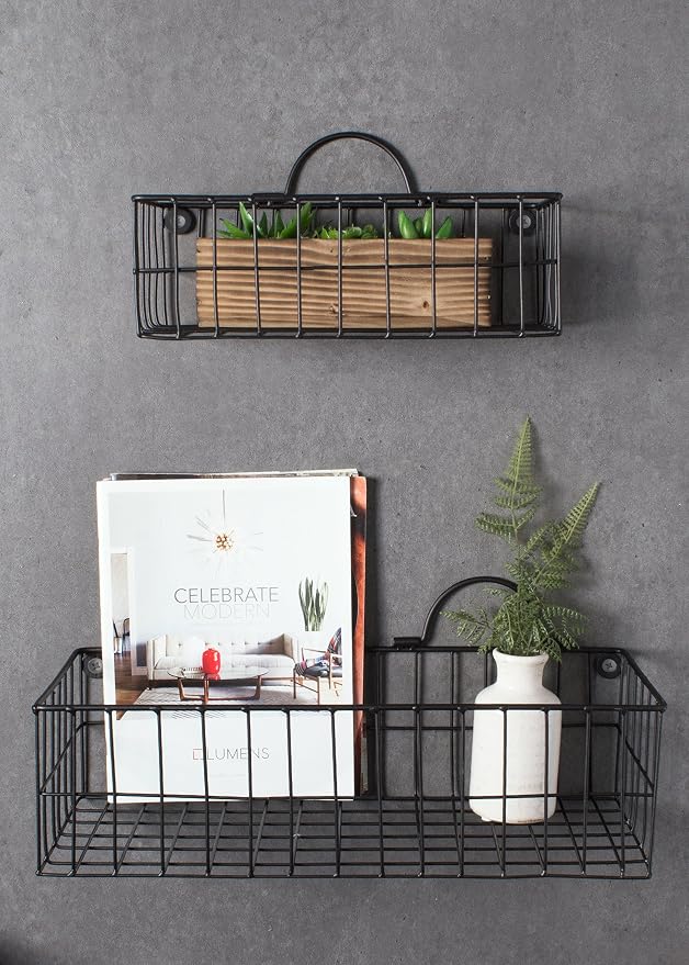 DII Farmhouse Vintage Décor, Wire Wall Basket, Assorted, Black, 2 Piece
