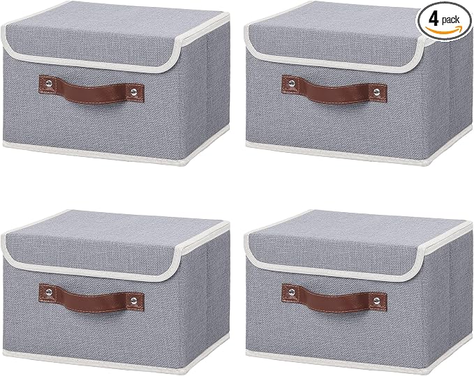 ANMINY 4PCS Storage Bins with Lid PU Leather Handles Storage Boxes PP Plastic Board Decorative Foldable Lidded Cotton Linen Fabric Home Cubes Baskets Closet Organizer Containers - Gray, Small Size
