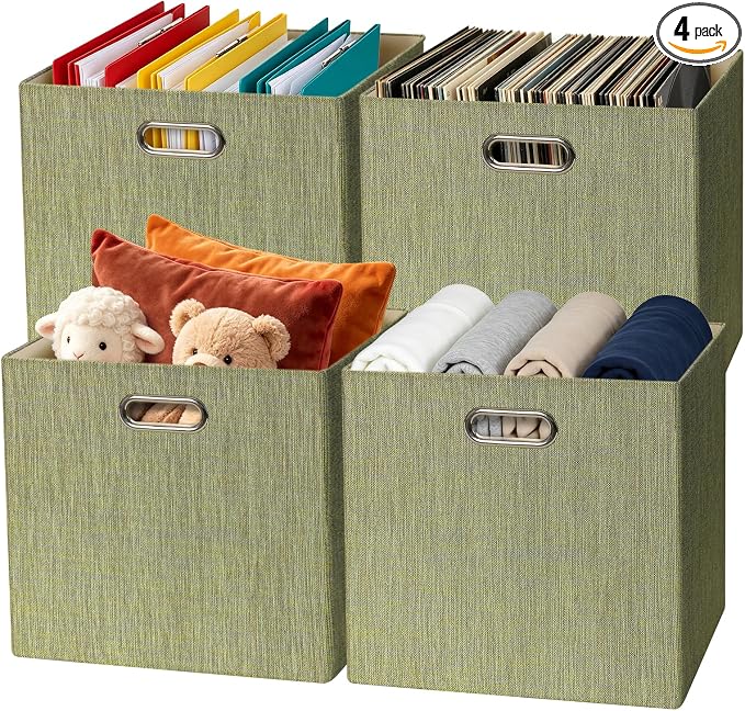 Posprica Foldable Storage Bins,13×13×13 Storage Cubes Basket Containers for Shelf Cabinet Bookcase Boxes,Thick - Set of 4, Yellow/Brown Mixed