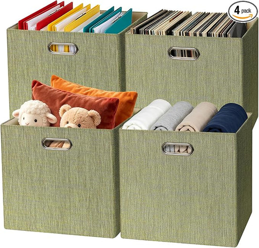 Posprica Foldable Storage Bins,13×13×13 Storage Cubes Basket Containers for Shelf Cabinet Bookcase Boxes,Thick - Set of 4, Yellow/Brown Mixed