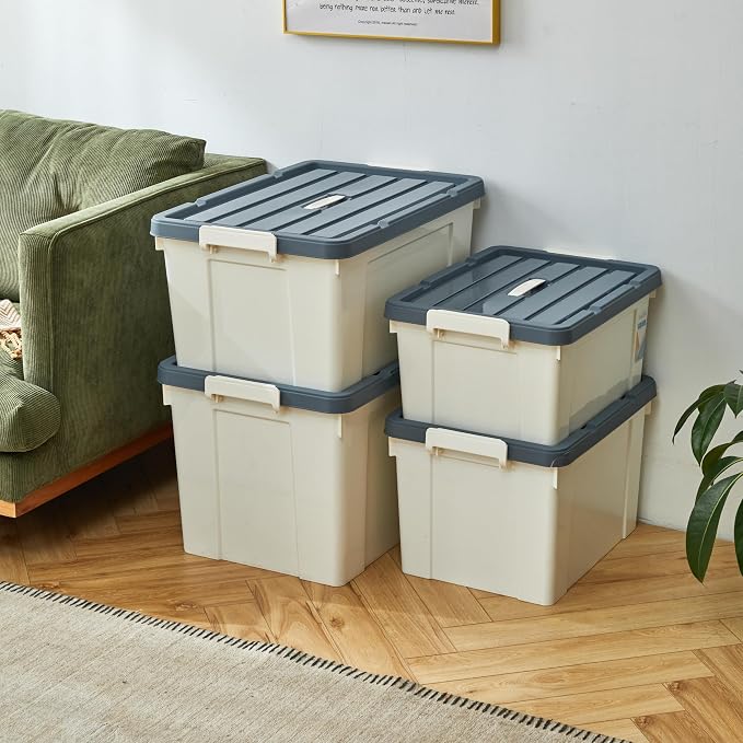 Cetomo Lidded Storage Bin with Handle, Tote Organizing Container with Wheels, Lid and Secure Latching Buckles, Stackable and Nestable, Plastic, 72 Quart-6 Pack, White