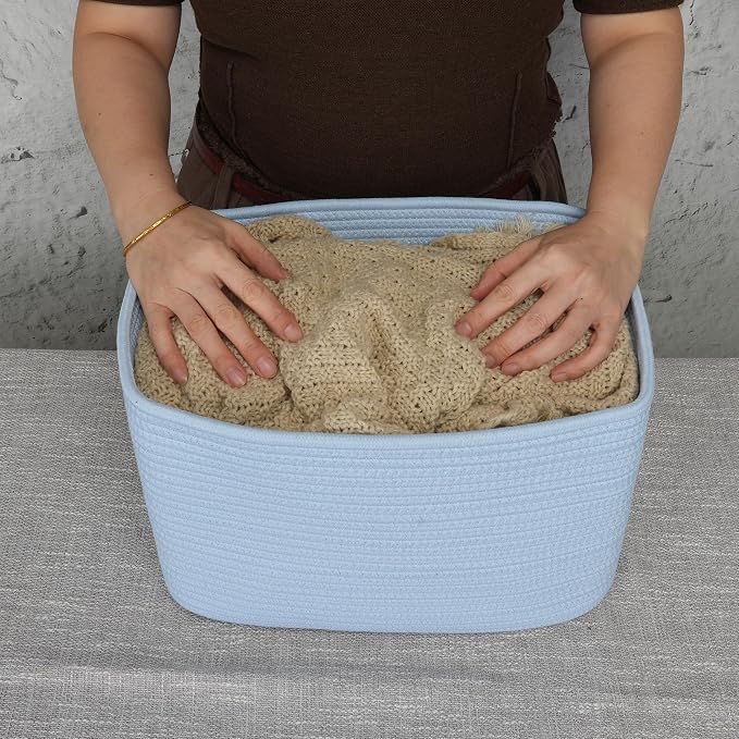 Cotton Rope storage Basket Bins Woven Basket for Organizing Shelves Rectangle Decorative Baskets For storage 3 pack (light blue)