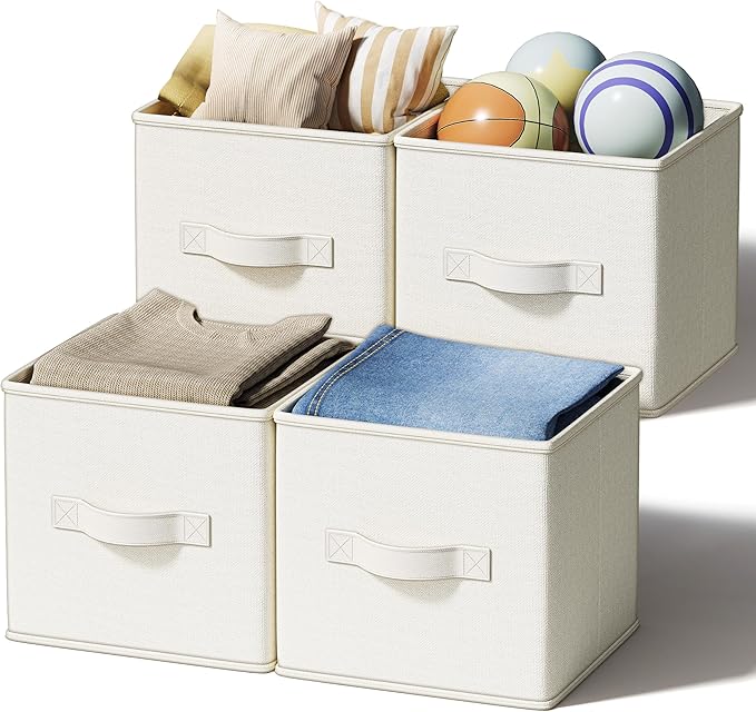 LayerSpace 4 Pack Foldable Fabric Closet Storage Bins, 11Inch Organizer Cubes with Handles, Linen Storage Boxes for Clothes, Toys, Books and Home Organization, White& Ivory
