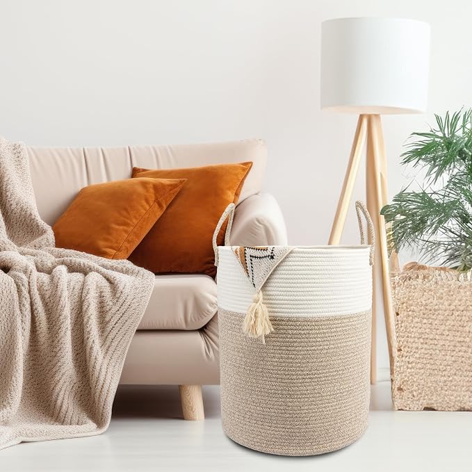 Woven Cotton Rope Laundry basket-15”X20” Laundry Hamper-Rope Storage Basket for Dirty Clothes, Toys and Blankets Perfect for Bathroom, Baby nursery and Living Room Storage (white and brown)