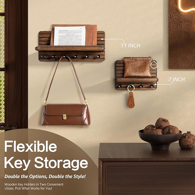Rebee Vision Small Farmhouse Key Holder Wall Mount for Home Decor – Mini 7-inch Wooden Key Holder for Wall with 4 Hooks & Floating Shelf - Apartment Essentials for a Tidy & Trendy House (Brown)