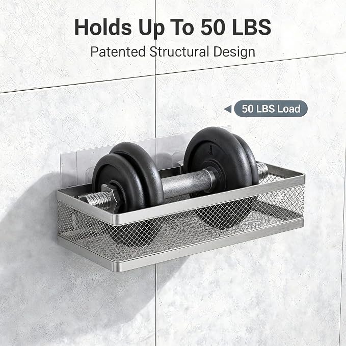 PUSDON Mesh Shower Caddy Wall Mount, Heavy Duty Adhesive Bathroom Shelf Organizer, Rustproof Floating Spice Rack for Kitchen Pantry, Holds 50 LBS, Multi-Purpose Storage Silver Gray -2 Packs (Netting)