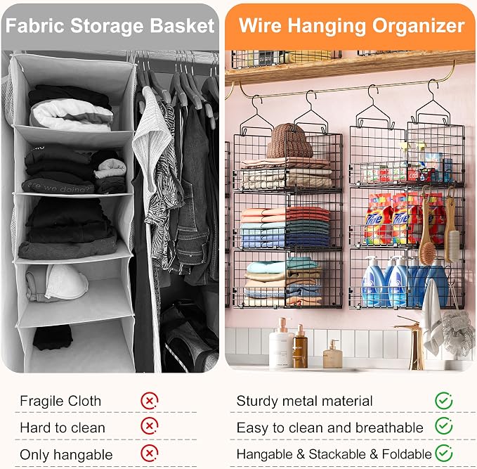 Sonyabecca 3-Tier Hanging Closet Organizers and Storage, Foldable Stackable Wire Basket Bins with 5 S Hooks, Space-Saving Hanging Closet Shelf for Clothing, Sweaters, Handbags, Hats,Purse