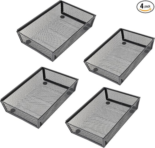 Mesh Tray Kitchen Drawer Utensil Cutlery Tray Office Supplies with Inter-locking Arm Drawer Dividers Organizer for Silverware, Flatware, Home,Office, School,Bedroom(9＂X6＂4pack) Black
