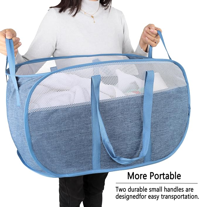 Pop Up Laundry Hamper，with Durable Handles collapsible laundry basket，Easy to Open and Fold for college Dorm,kids room，travel (blue+gray)…